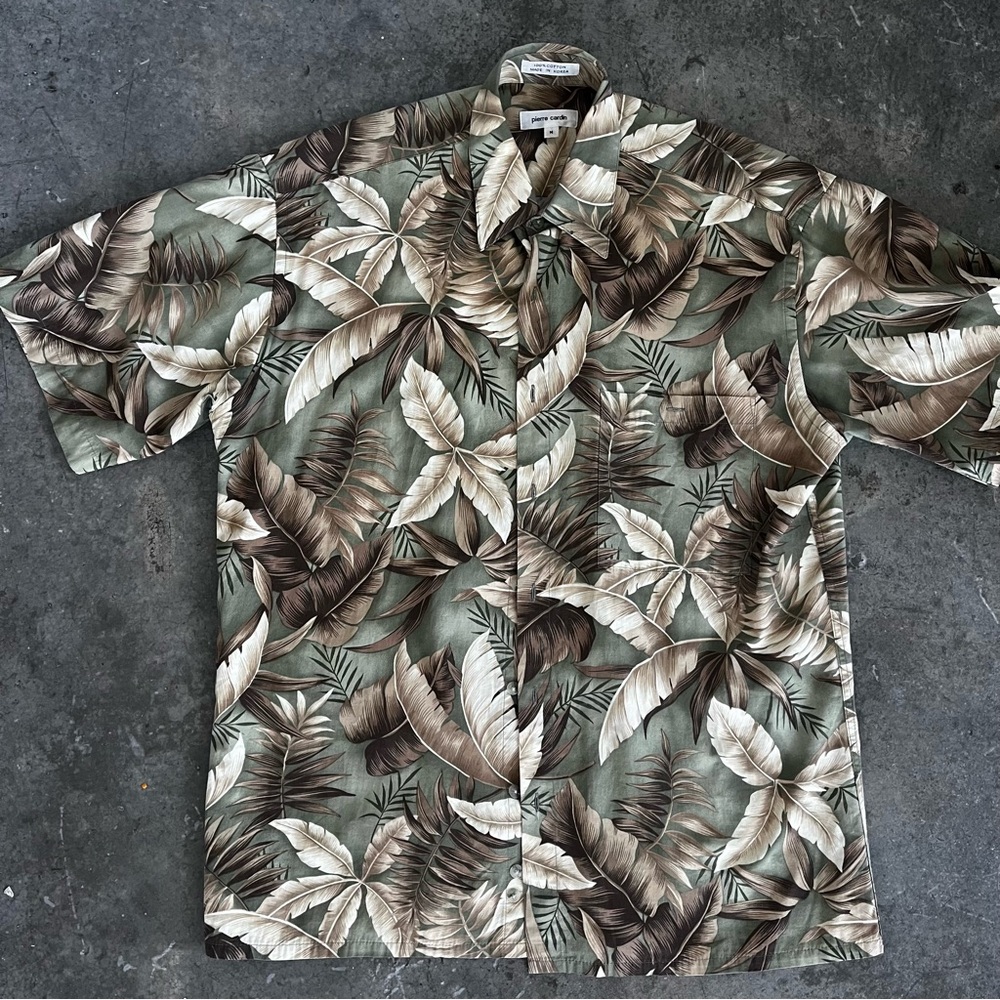 Pierre Cardin Hawaiian Tropical Leaf Print Men's Shirt button down